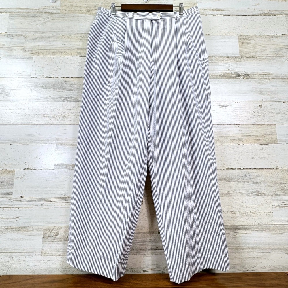 Talbots Wide Leg Pants Womens 18 Blue White Striped Seersucker Pleated Old Money